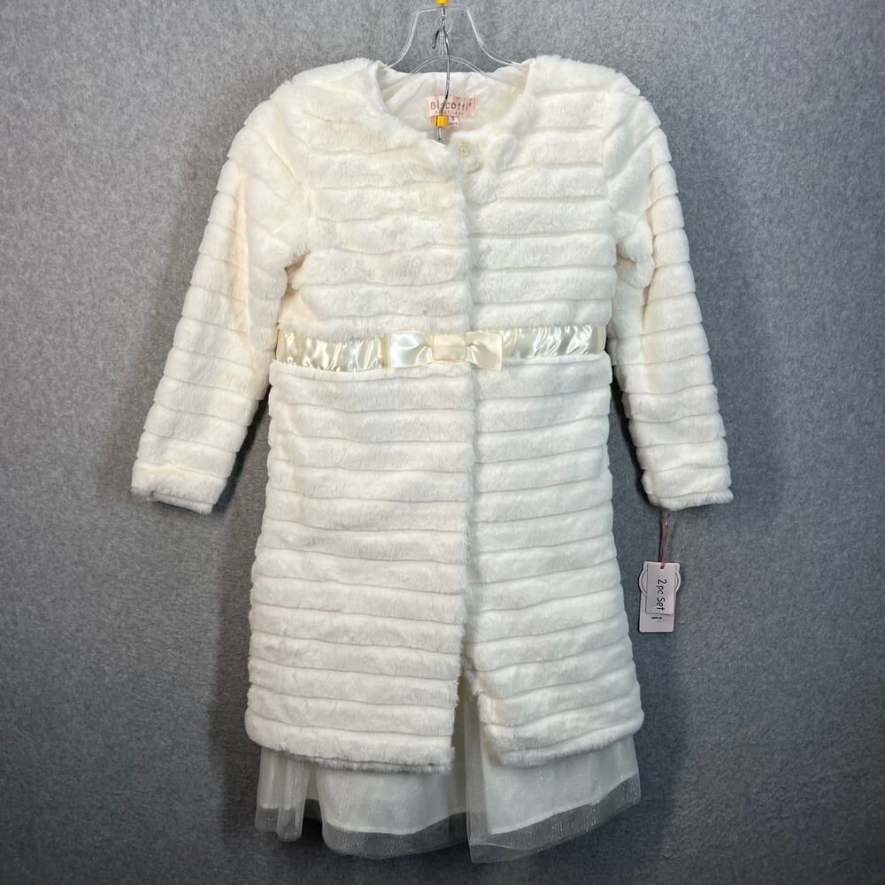 Biscotti Girls 2pc Dress Set White Faux Fur Coat Gold Shimmer Dress Size 8 NEW